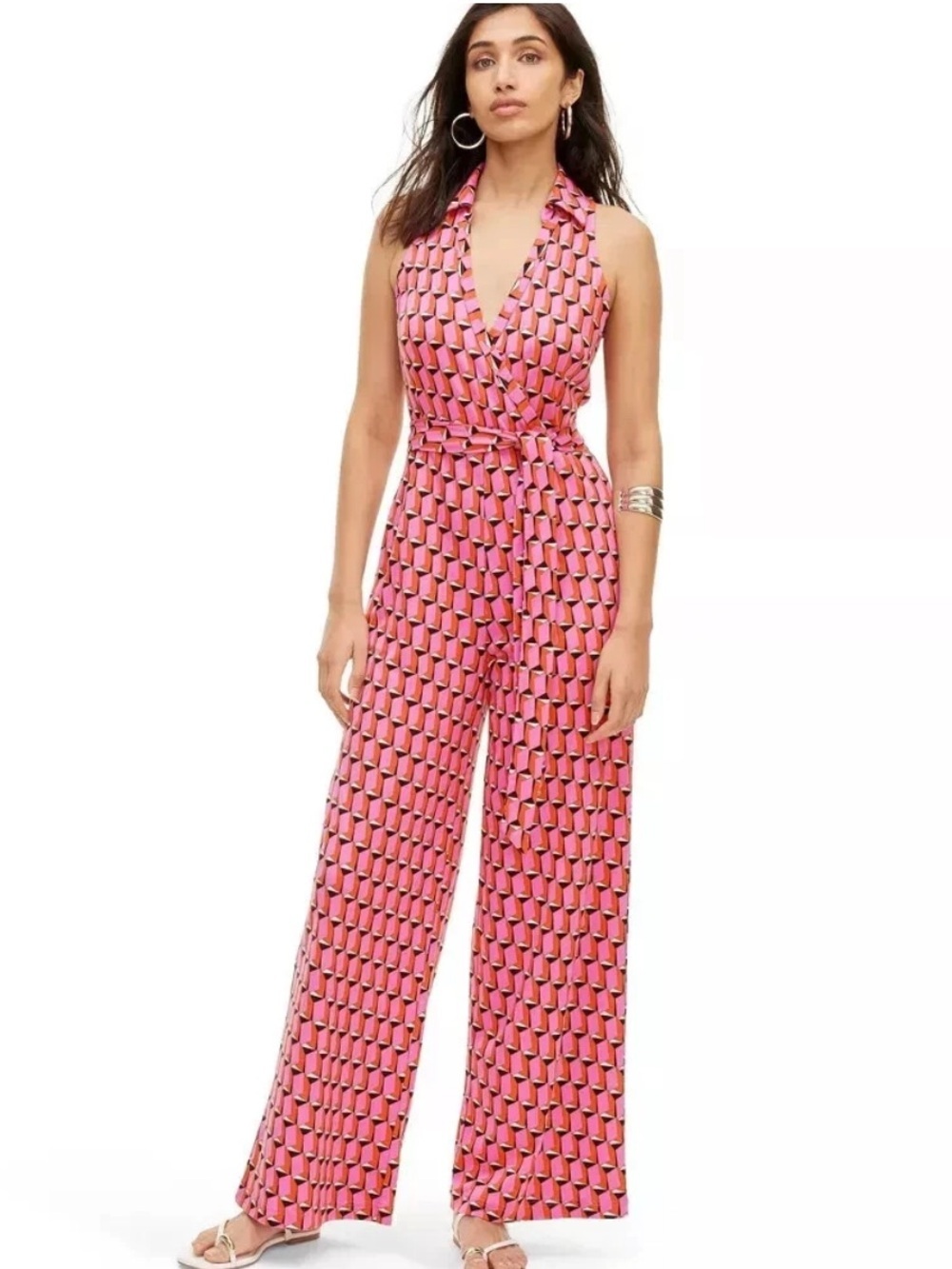 NWT Diane Von Furstenberg Pink Geometric Wrap Wide Leg Jumpsuit XL